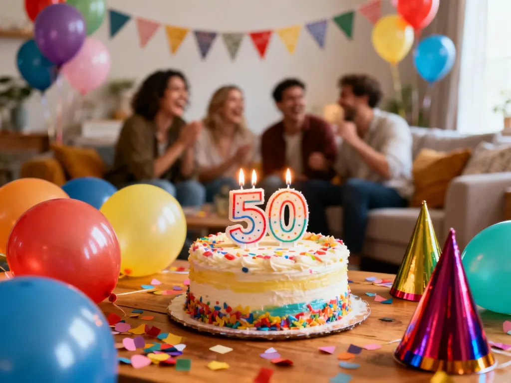 Tort z cyfrą 50, balony i konfetti na stole, w tle roześmiani goście – radosna atmosfera 50. urodzin.