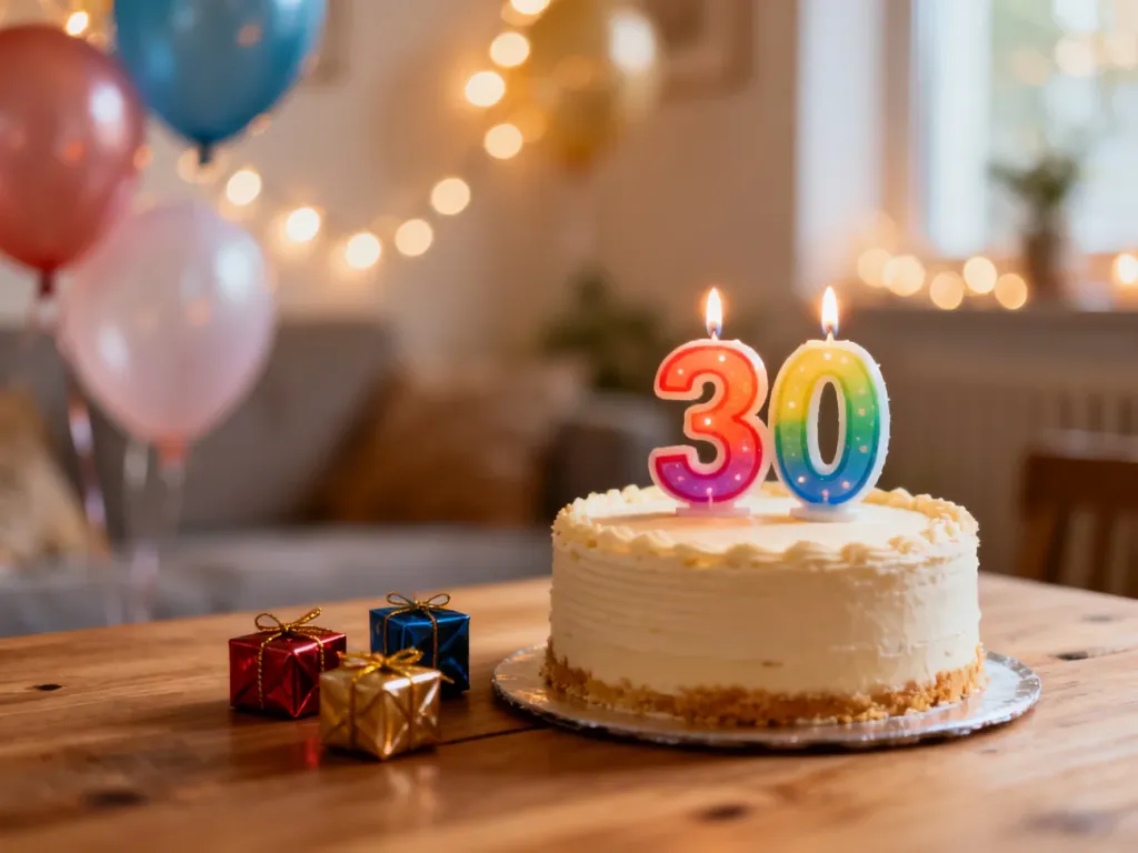 Tort z kolorowymi świeczkami „30” na stole, obok prezenty; w tle balony i lampki tworzące ciepły nastrój świętowania