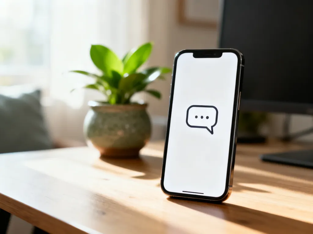 Nowoczesny smartfon na drewnianym biurku z ikoną wiadomości, symbolizujący komunikację w internecie.