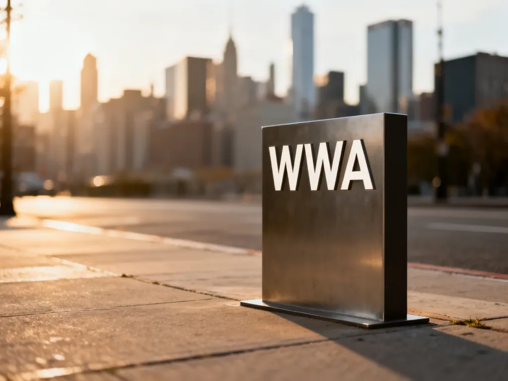 Nowoczesny znak z napisem „WWA” na tle rozmytej panoramy miasta w świetle zachodzącego słońca.