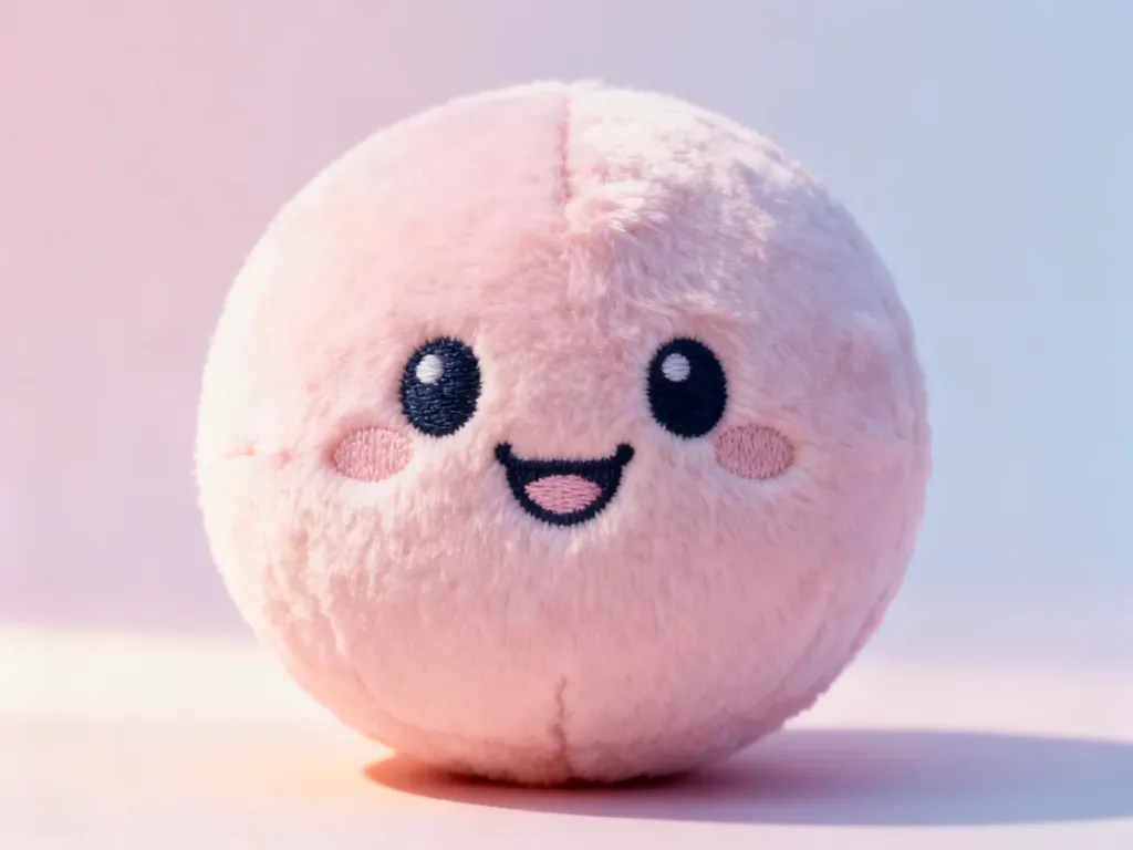 Pluszowa maskotka w pastelowych kolorach z wyhaftowaną radosną buźką, ilustrująca estetykę stylu kawaii.