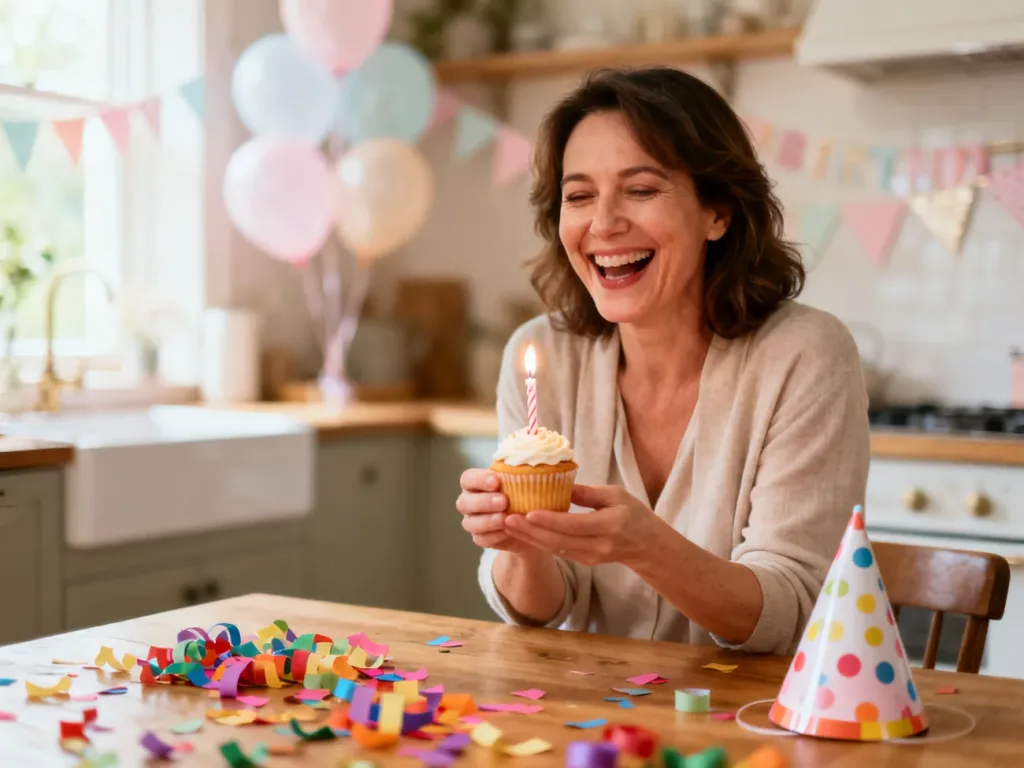 Roześmiana czterdziestolatka z babeczką urodzinową i świeczką przy kuchennym stole, w tle pastelowe balony i konfetti