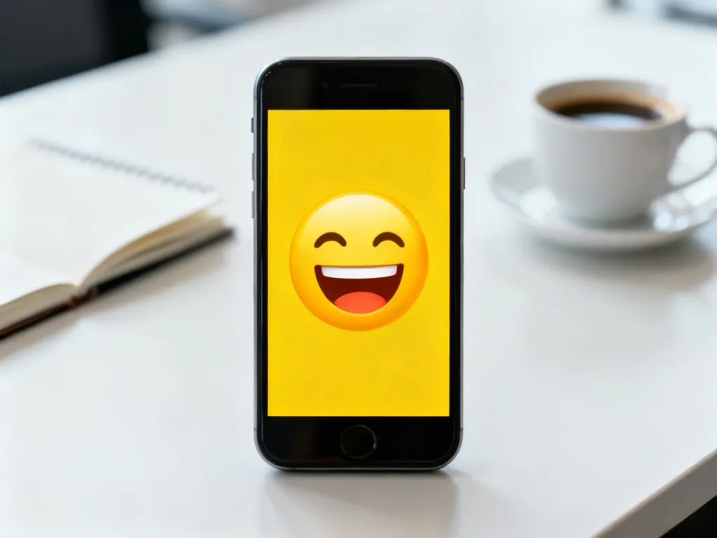 Ekran smartfona z minimalistyczną, żółtą emotikoną śmiechu na tle biurka, ilustrujący popularny zwrot XD.