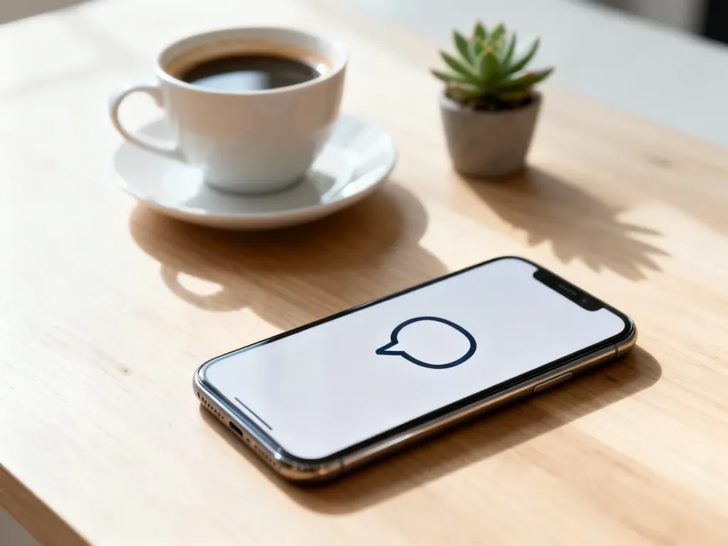 Minimalistyczne biurko ze smartfonem wyświetlającym ikonę dymka czatu, symbolizującą komunikację w internecie.