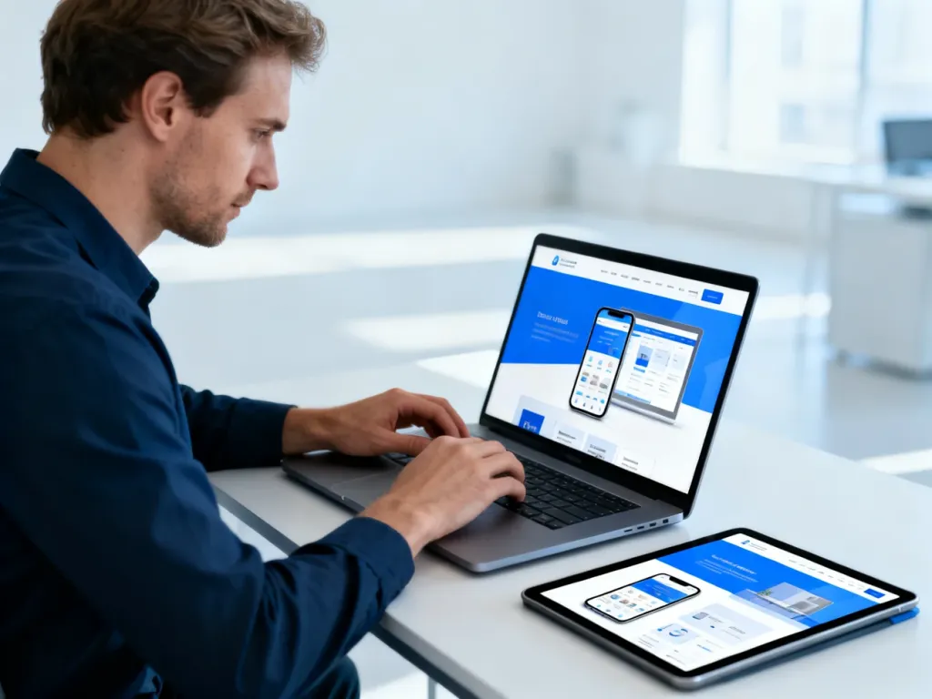 Projektant stron internetowych pracuje nad responsywnym układem witryny, widocznym na ekranach laptopa i tabletu.