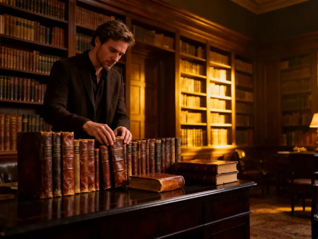 Mężczyzna układający zabytkowe książki w eleganckiej, nastrojowej bibliotece, tworzący atmosferę pełną klasy i stylu.