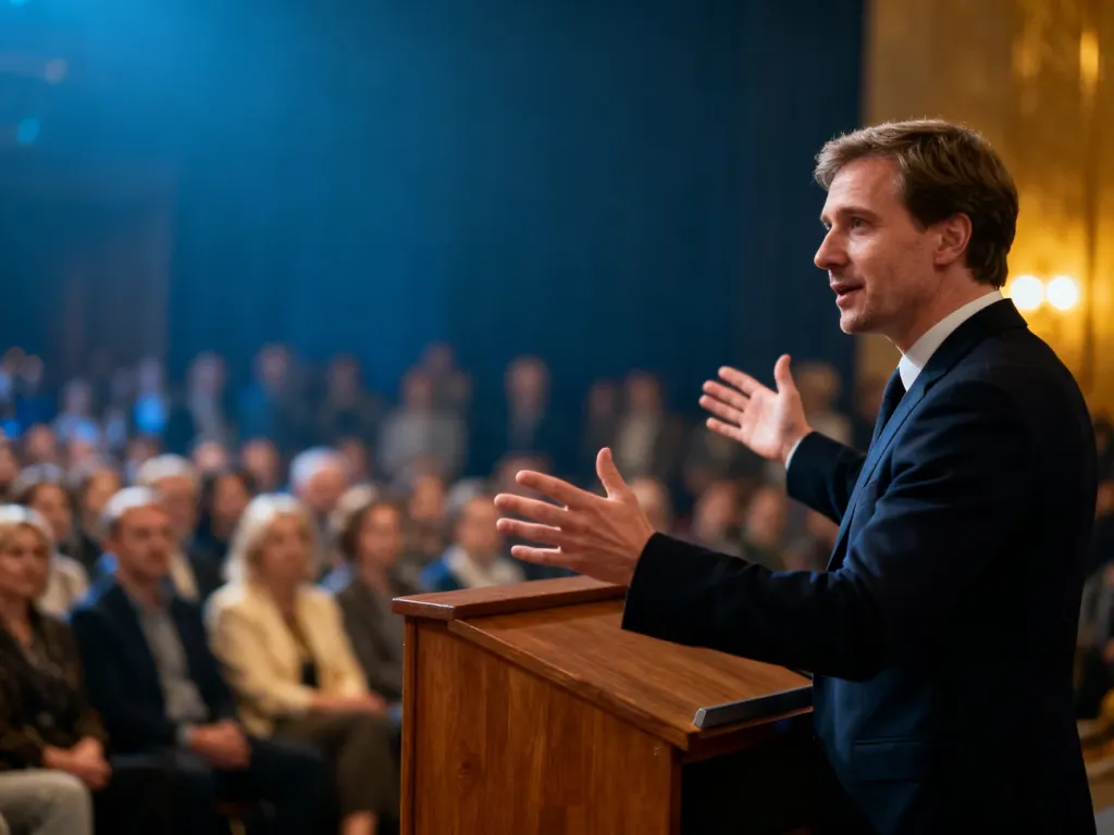 Charyzmatyczny polityk przemawiający z mównicy do tłumu, ilustrujący postać populisty podczas wystąpienia publicznego.