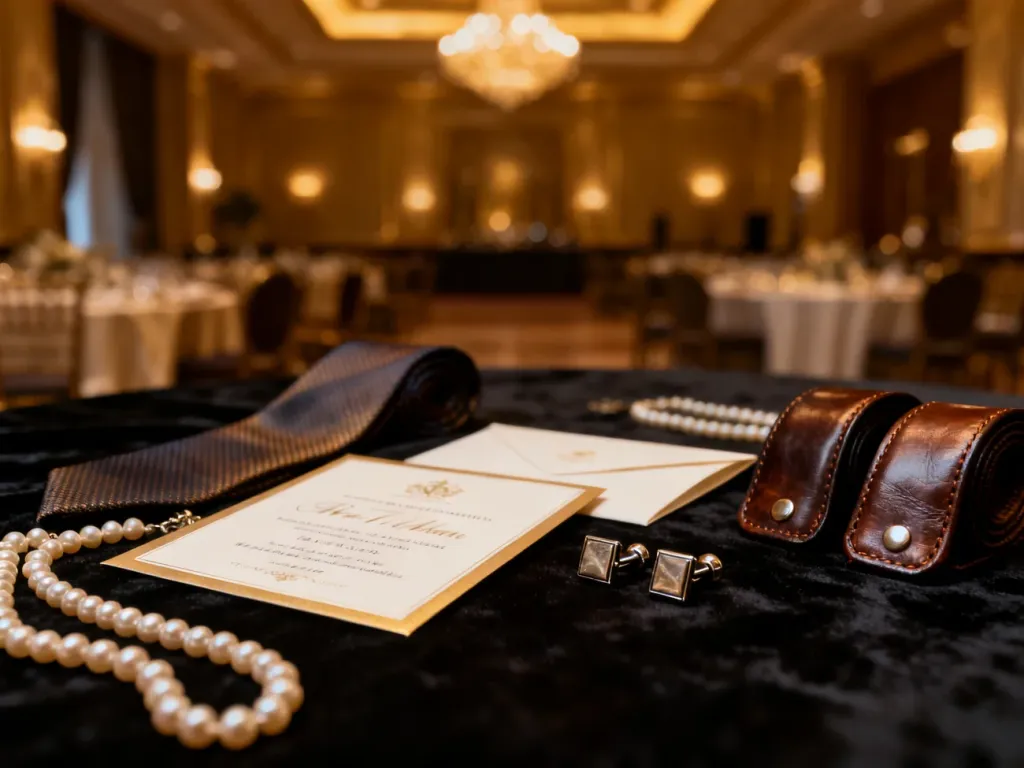Elegancka kompozycja zaproszeń i luksusowych dodatków na aksamitnym tle, wprowadzająca w atmosferę wykwintnego przyjęcia.