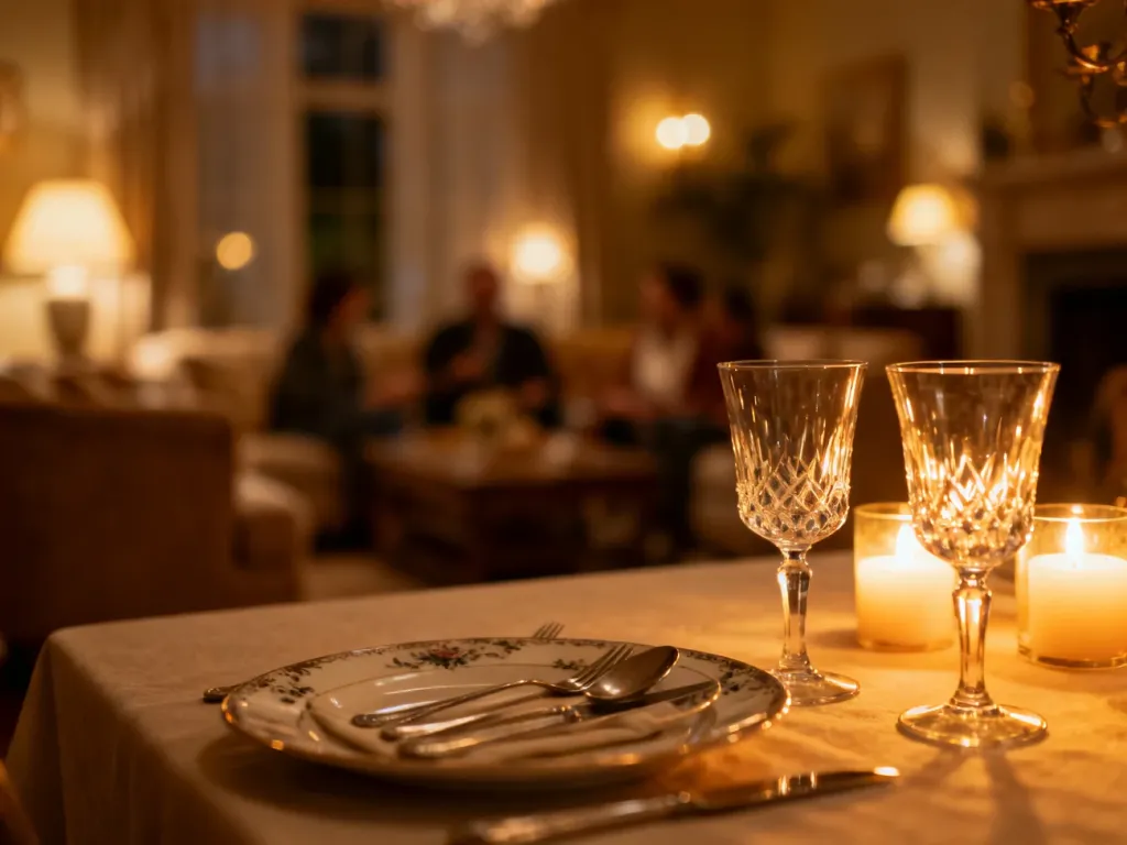 Elegancko nakryty stół w przytulnym wnętrzu, przygotowany na wieczorne spotkanie w gronie przyjaciół.