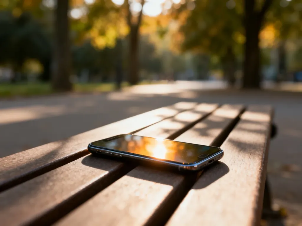 Smartfon leżący na drewnianej ławce w parku, ilustrujący zasady dyskretnego korzystania z telefonu w miejscach publicznych.