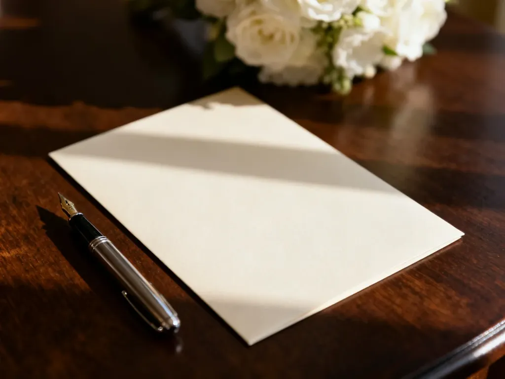 Eleganckie zaproszenie na drewnianym stole z piórem, gotowe do wypisania odpowiedzi RSVP.