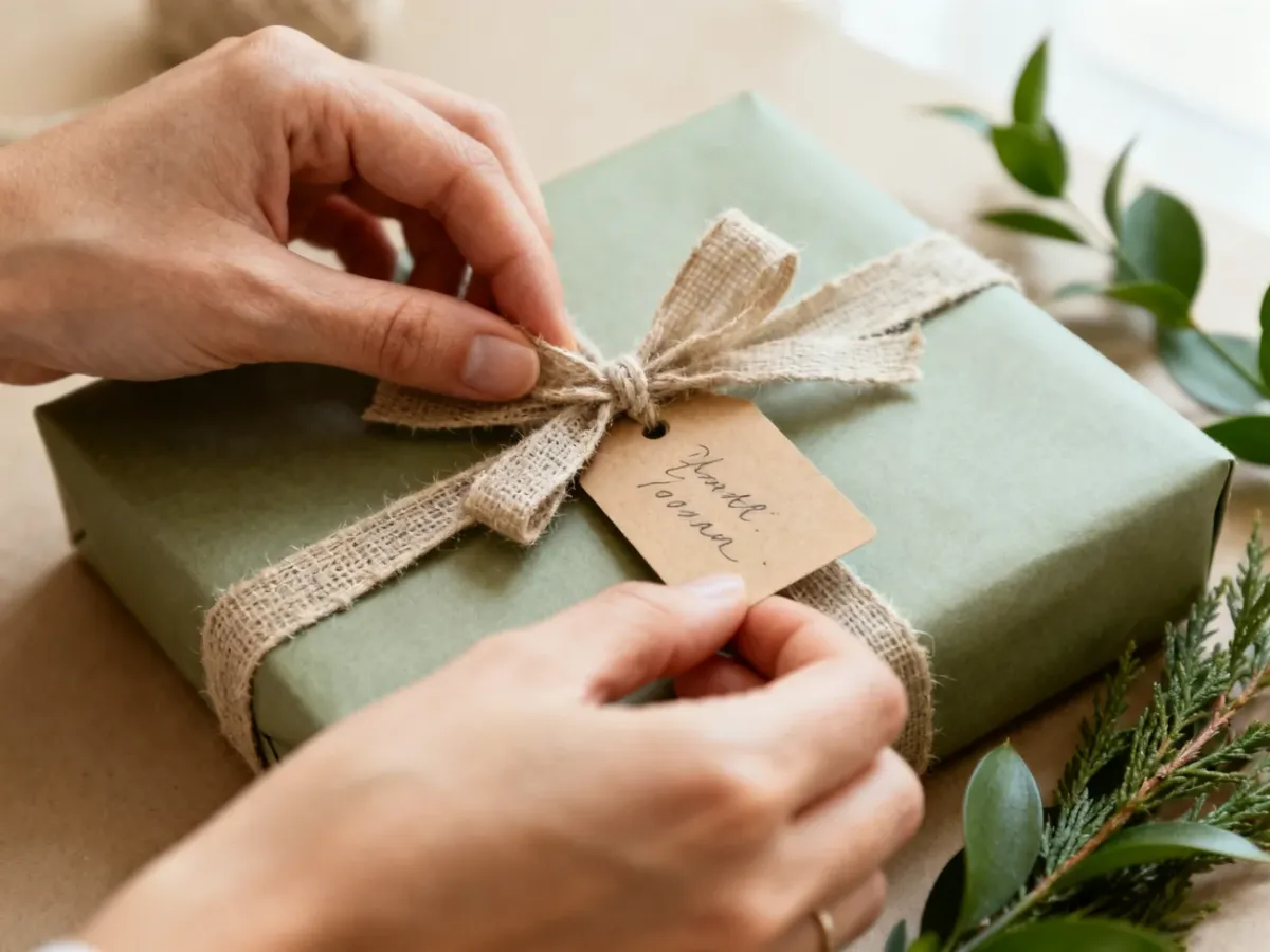 Personalizowanie prezentu bilecikiem i lnianą wstążką