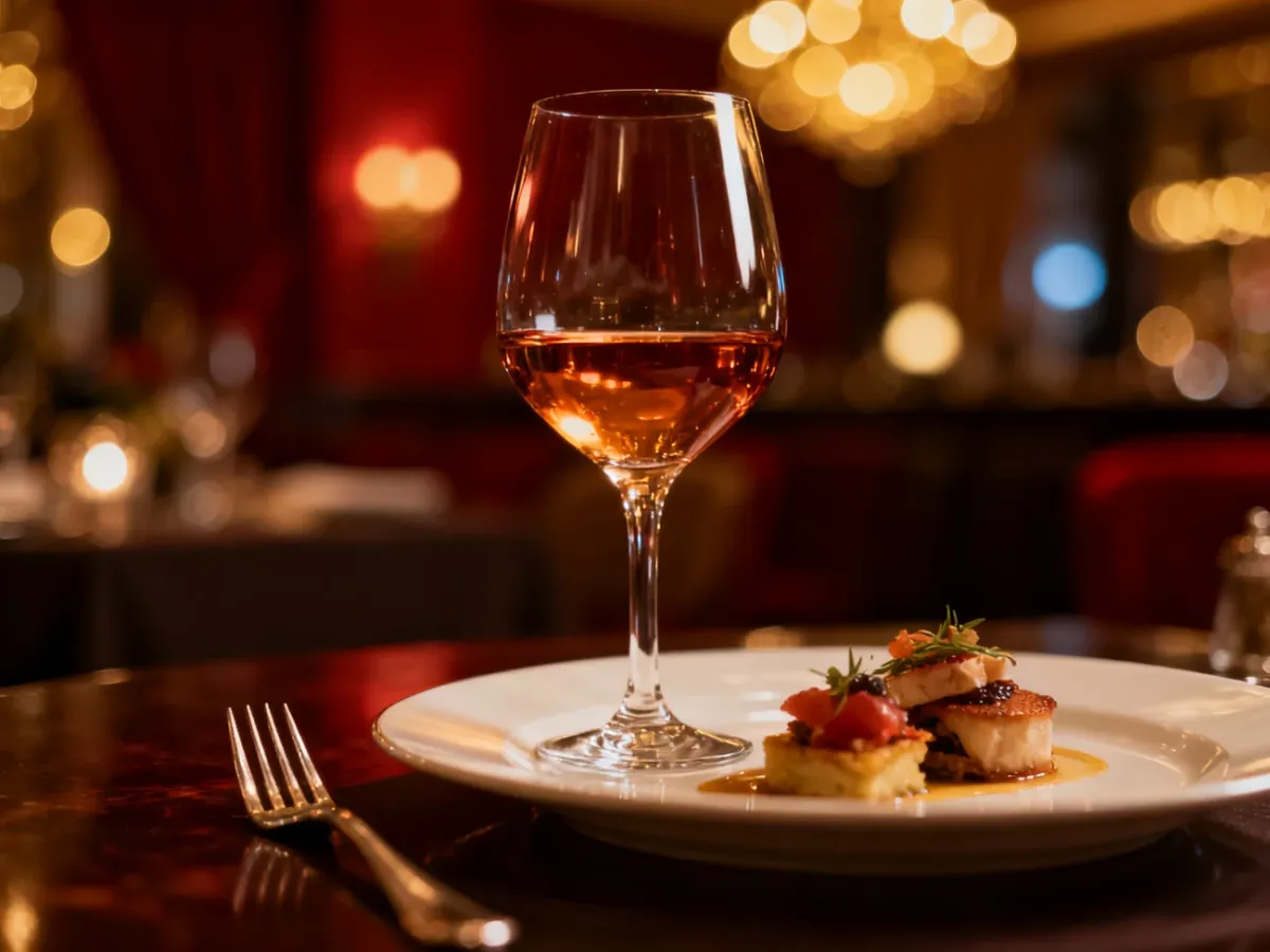 Elegancko nakryty stół z kieliszkiem wina i wykwintną przystawką w luksusowej restauracji, podkreślający styl życia bon vivant.