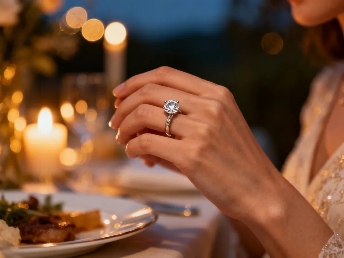 Elegancki pierścionek zaręczynowy z diamentem na dłoni kobiety w romantycznej scenerii przy świecach.