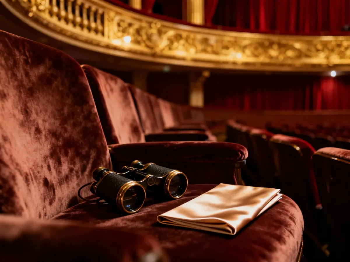 Eleganckie fotele teatralne z lornetką operową i programem, wprowadzające w atmosferę savoir-vivre’u w teatrze.