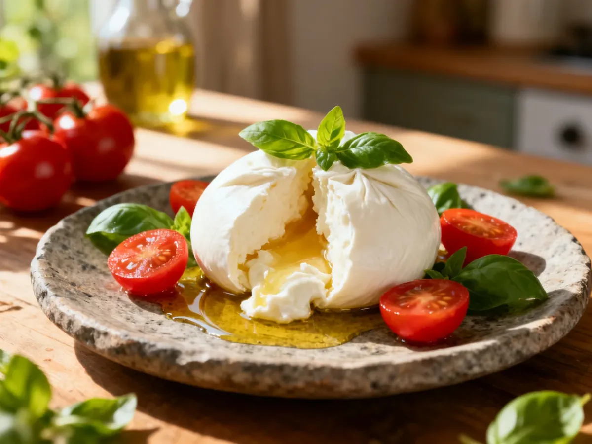 Świeża burrata z pomidorkami koktajlowymi, bazylią i oliwą na kamiennym talerzu, gotowa do podania.