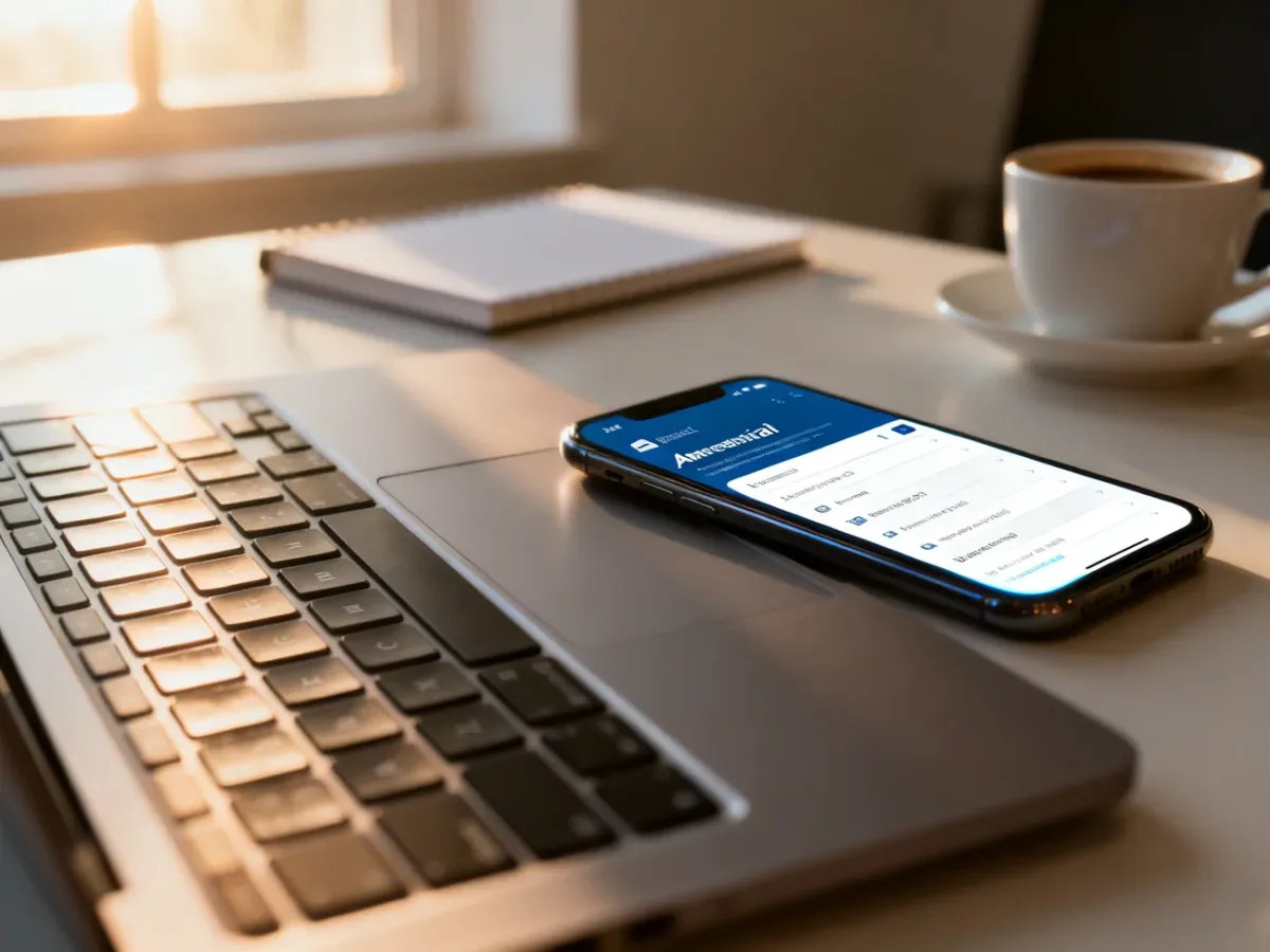 Nowoczesna klawiatura laptopa i smartfon z otwartą skrzynką mailową w świetle poranka, symbolizujące codzienną komunikację.