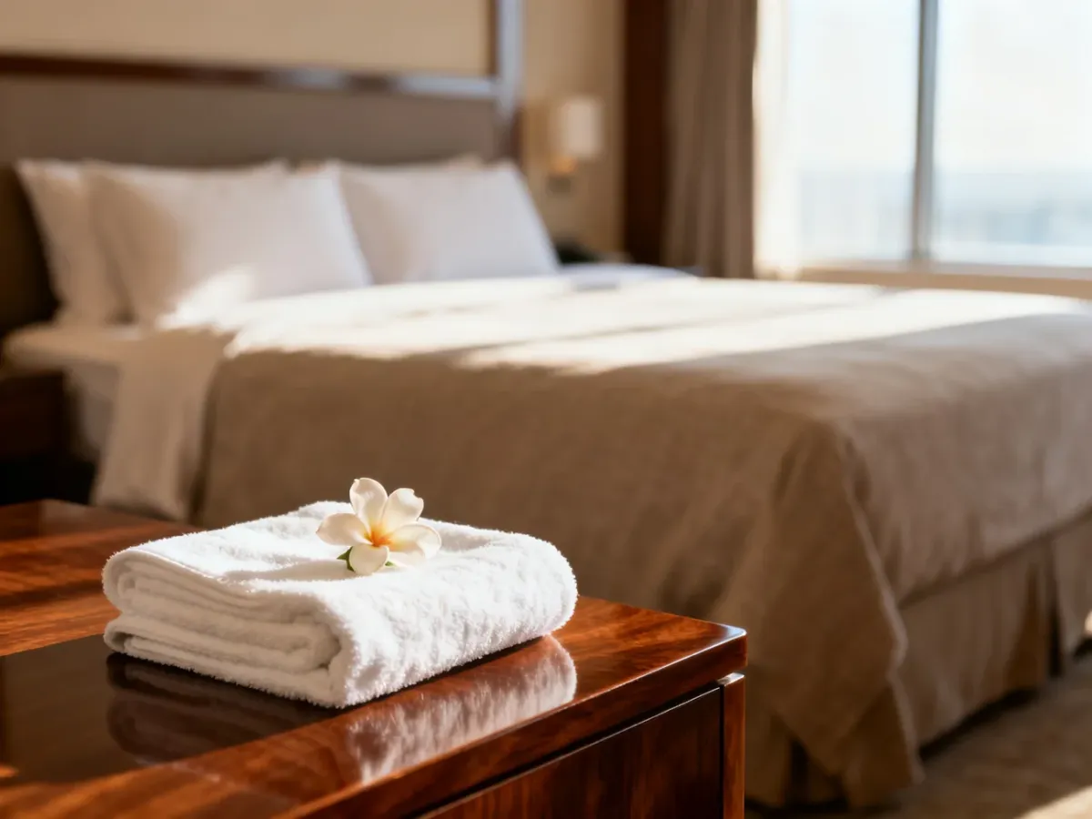 Elegancki i schludny pokój hotelowy z przygotowanym ręcznikiem i kwiatem, podkreślający wysoki standard obsługi gości.