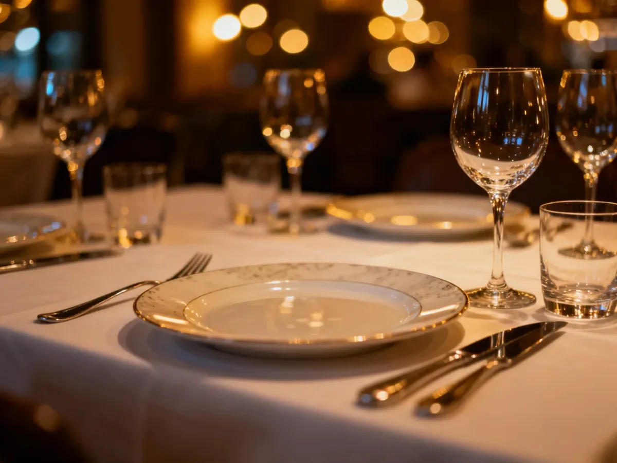 Elegancko nakryty stół w restauracji, przygotowany zgodnie z zasadami savoir-vivre'u na wieczorne spotkanie.