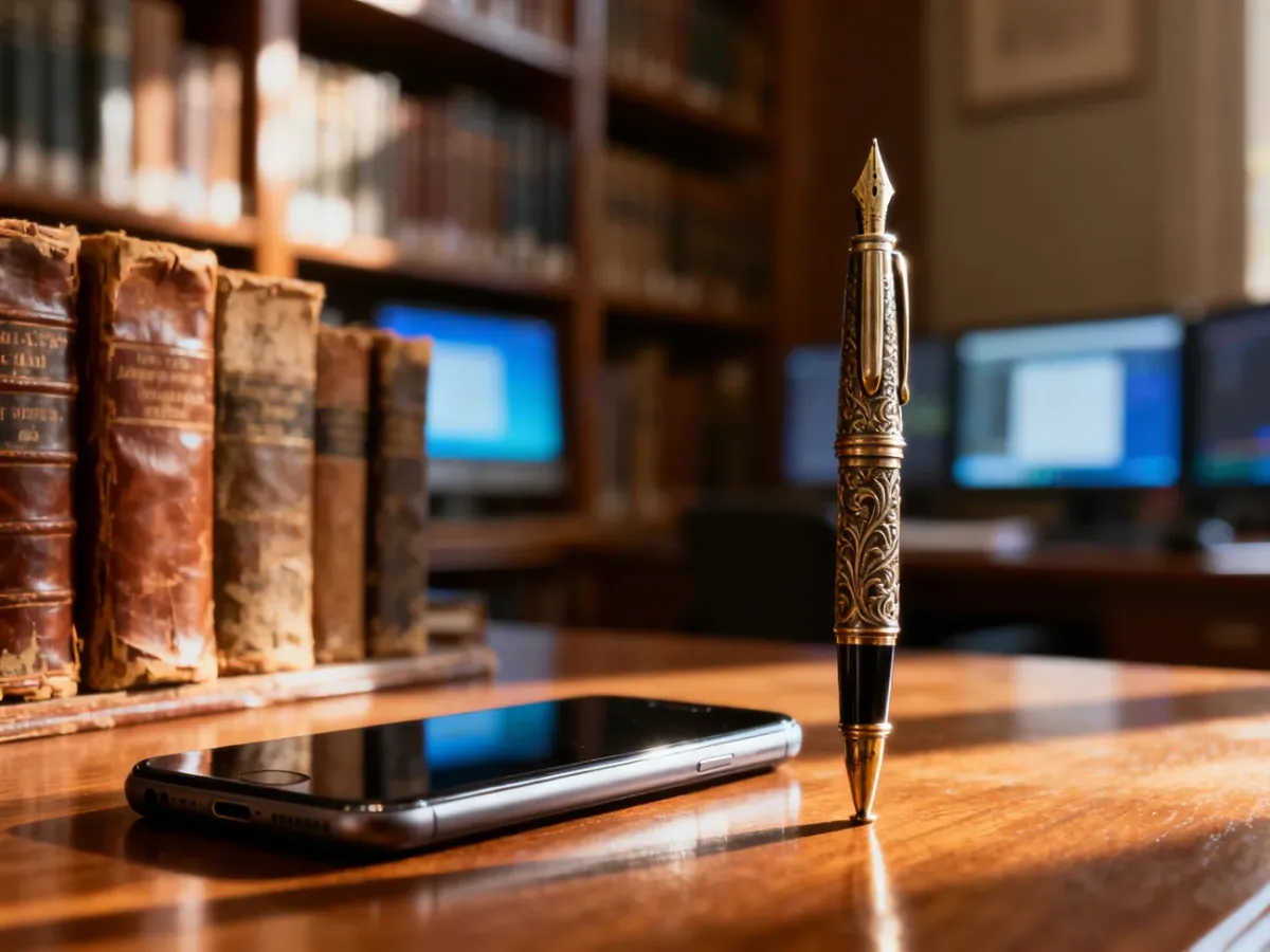 Zestawienie wiecznego pióra i nowoczesnego smartfona na biurku, symbolizujące ewolucję form komunikacji między pokoleniami.