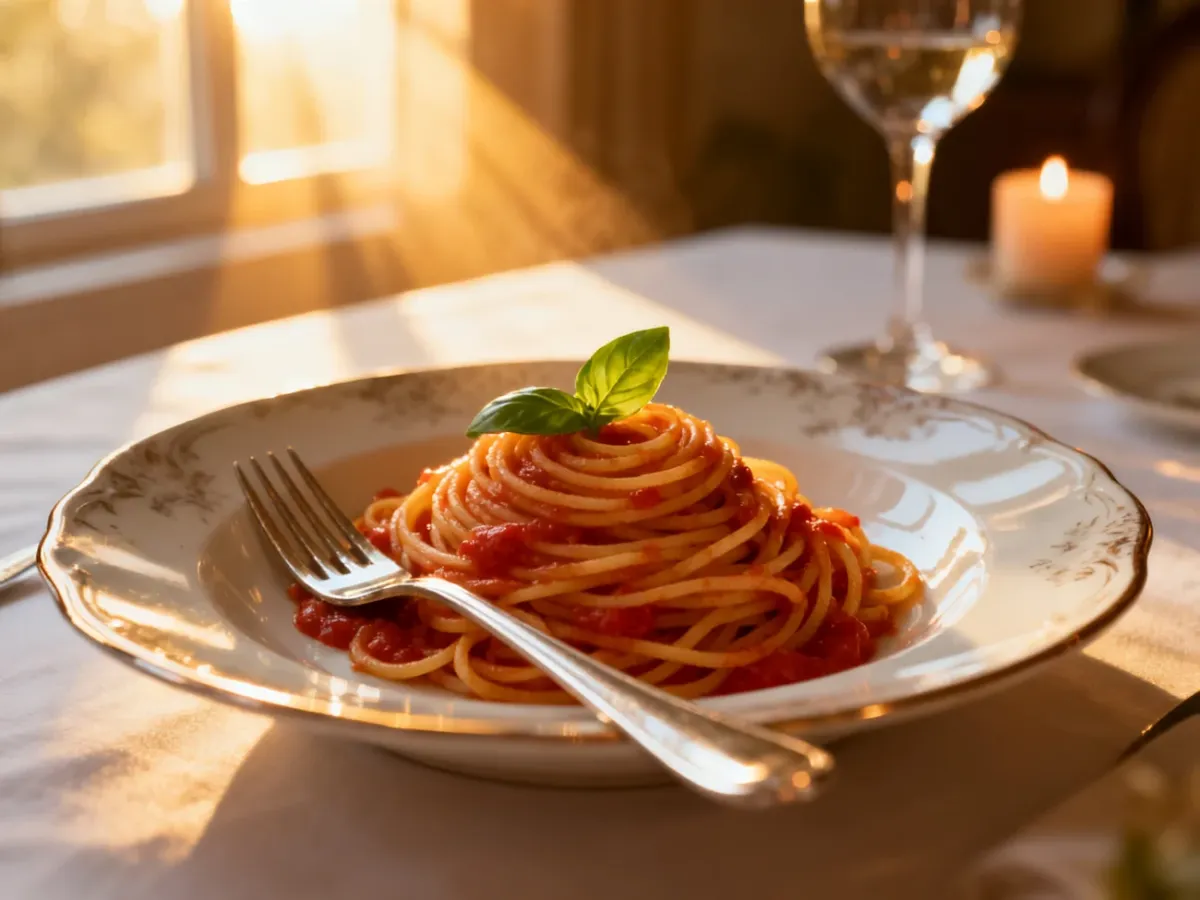 Elegancko podane spaghetti z sosem pomidorowym i bazylią na porcelanowym talerzu, gotowe do degustacji.