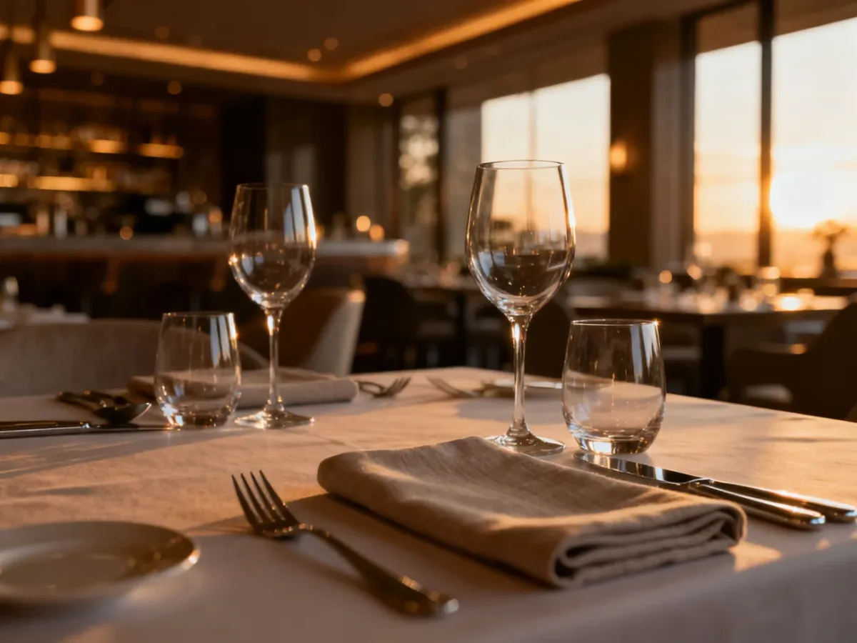 Elegancko nakryty stół w restauracji, ilustrujący zasady savoir-vivre'u podczas formalnych spotkań.